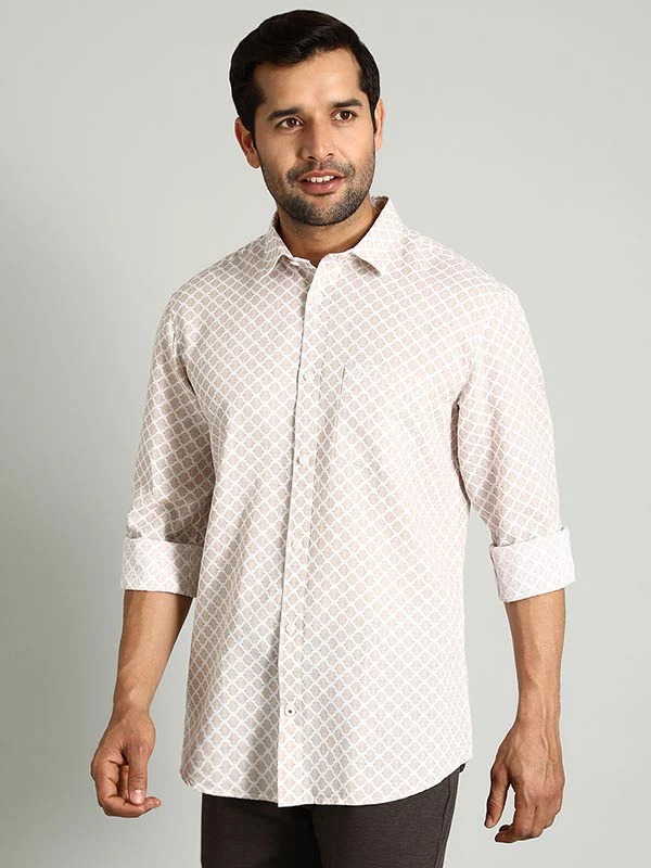 Indian Terrain Men's Regular Fit Full Sleeve All Over Print Off White Shirt